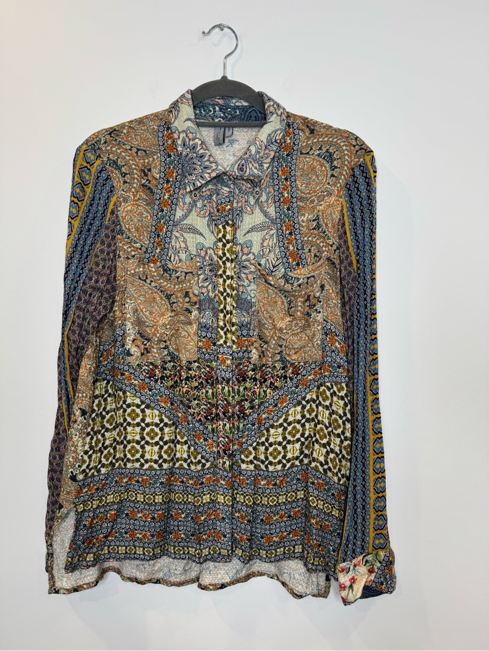 Anthro Bl^nk London abstract colorful Paisley-Print boho Long Sleeve Shirt sz S